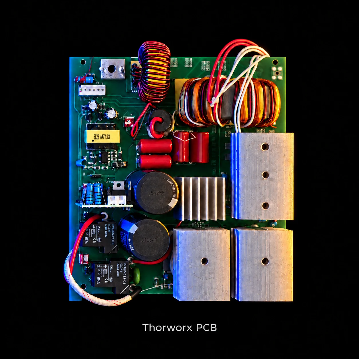 Thorworx welder internal circuit board, capacitors, coils, and heat sinks